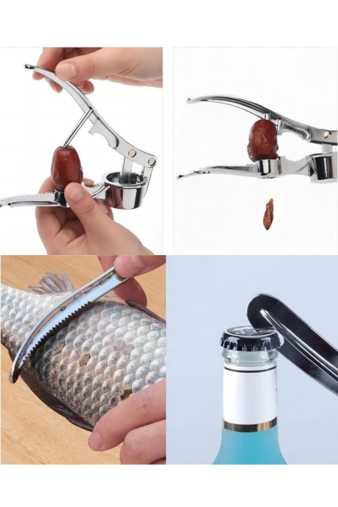 مجموعة عصارة ثوم من الفولاذ المقاوم للصدأ 5 في 1 - عصارة ثوم متعددة الوظائف تعمل كفتاحة زجاجات، وكسارة جوز، ومزيل قشور السمك، وأداة إزالة نوى التمر، بتصميم مريح، وسهلة التنظيف، وتشمل مقشرة ثوم وفرشاة تنظيف، وهدية مثالية لرمضان والعيد. - Image 4